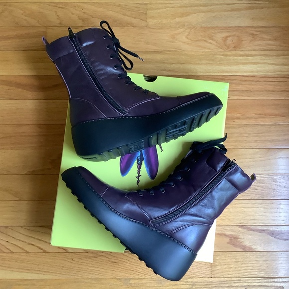Fly London Daff Leather Wedge Combat Boot Dark Purple Sofia SZ 41/US 10 - Picture 7 of 16